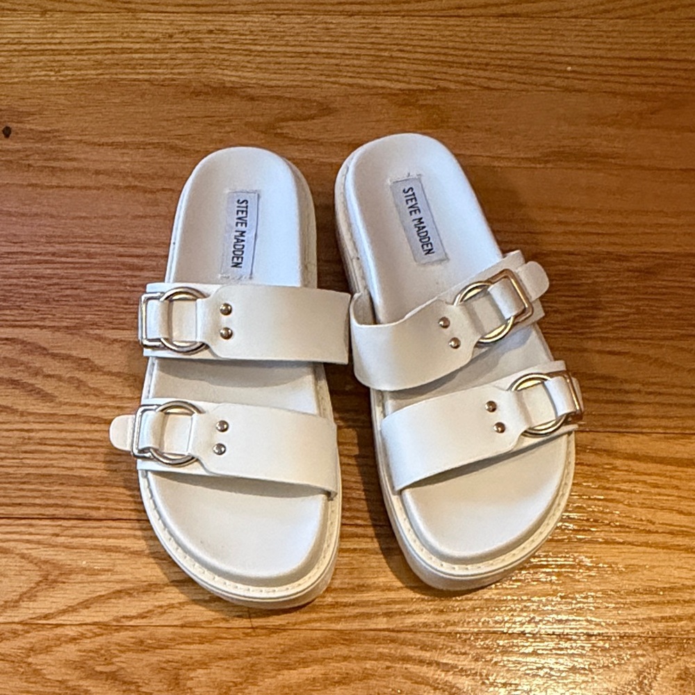 Steve Madden White Double-Buckle Slide Sandals